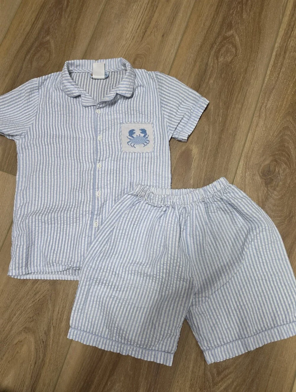 The Smocking Bug- Light Blue Seersucker Pajama Set - Short Sleeve Top & Shorts